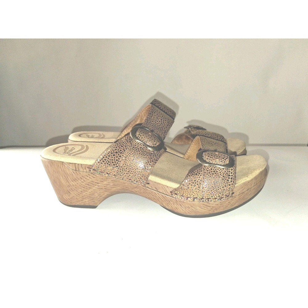 Dansko Sophie Boho Metallic Slide Sandals size 37 Brown Iridescent Buckle Wedge